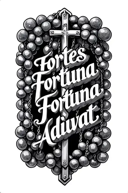 Latin phrase fortes Fortuna Adiuvat" written with a catholic rosary tattoo design idea