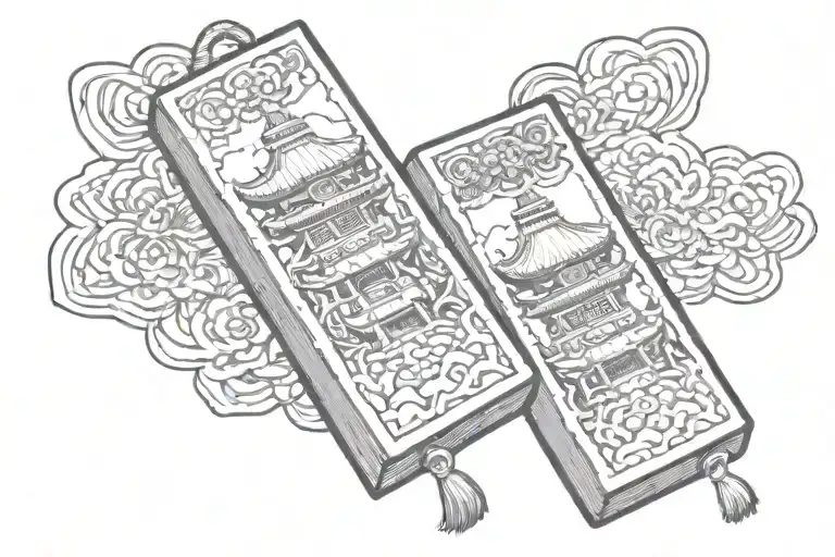 a pagoda coming out of the face of the omamori charm tattoo design idea