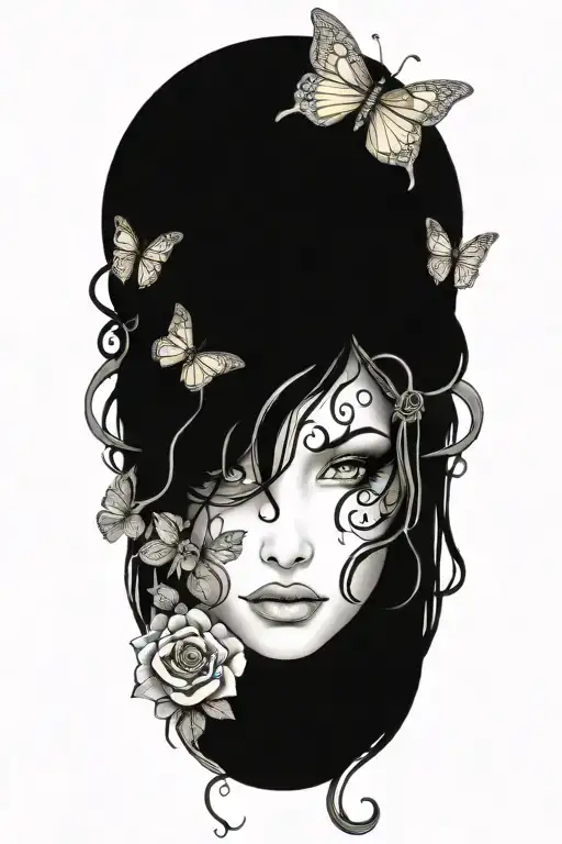Medusa's head with roses and butterflies framing her tattoo design idea