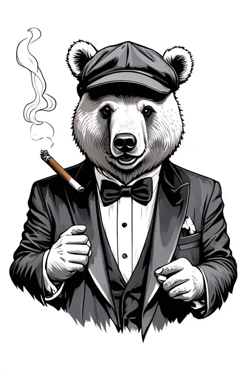 calm bear wearing flat cap and smoking cigar in tuxedo tattoo design idea