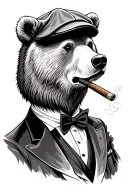 calm bear wearing flat cap and smoking cigar in tuxedo tattoo design idea