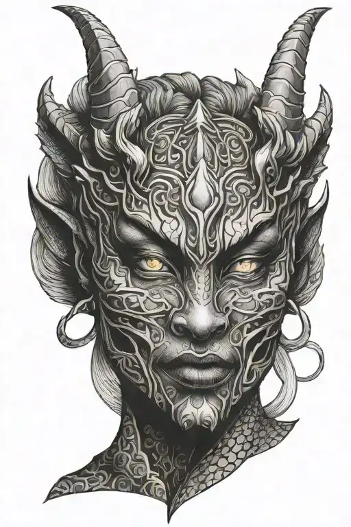 oni mask with Daenerys Targaryen tattoo design idea