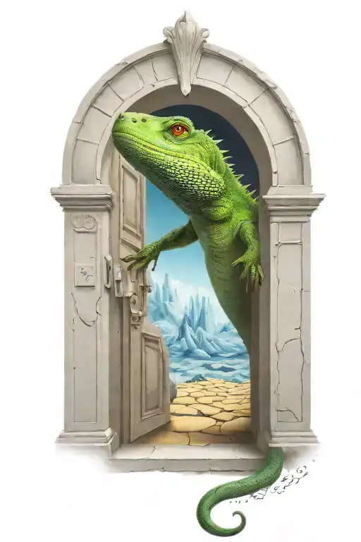 lizard coming thru arched doorway leading to another dimension tattoo design idea