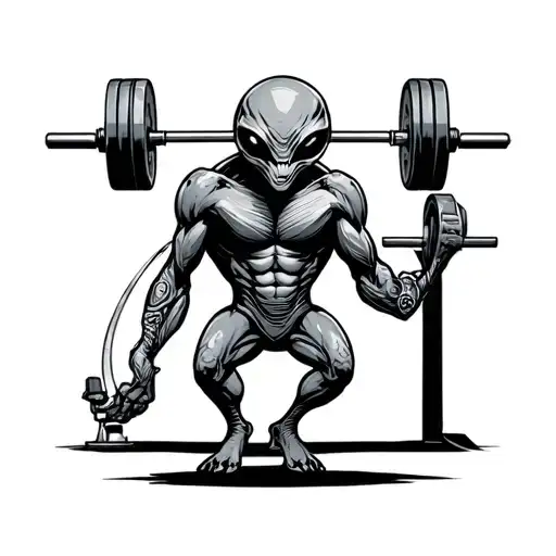 Weightlifting alien in a spaceship gym tattoo design idea