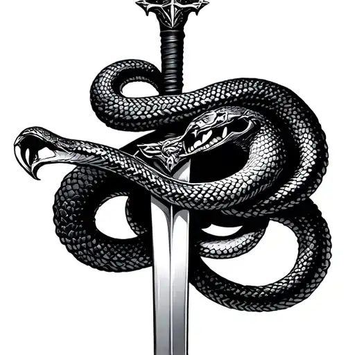 Historically acurate templar sword with one single snake with mouth open coiled around sword.  tattoo design idea