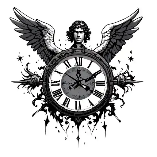 clock with male angel tattoo design idea