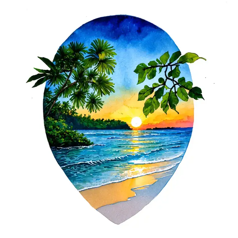 guanacaste tree branch in the right foreground on a costa rica sunset beach with an island to the left and sun on water tattoo design idea