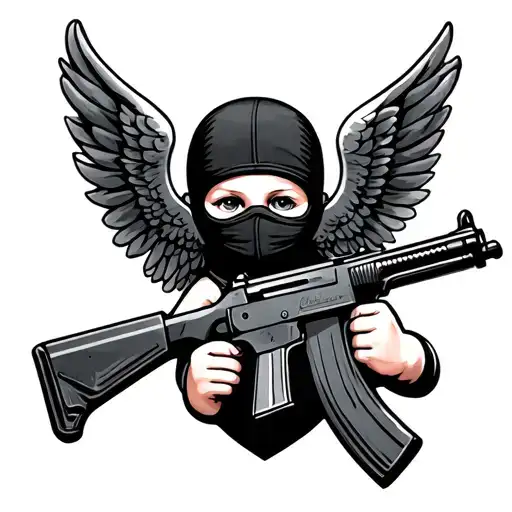 minimalist cherub with ak47 and balaclava tattoo design idea