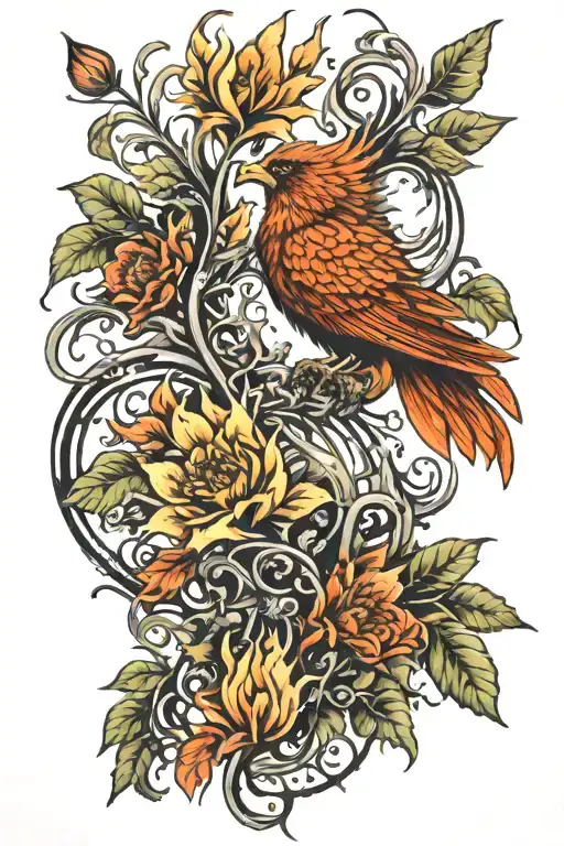 phoenix witt flames, vines, and flowers on back  tattoo design idea