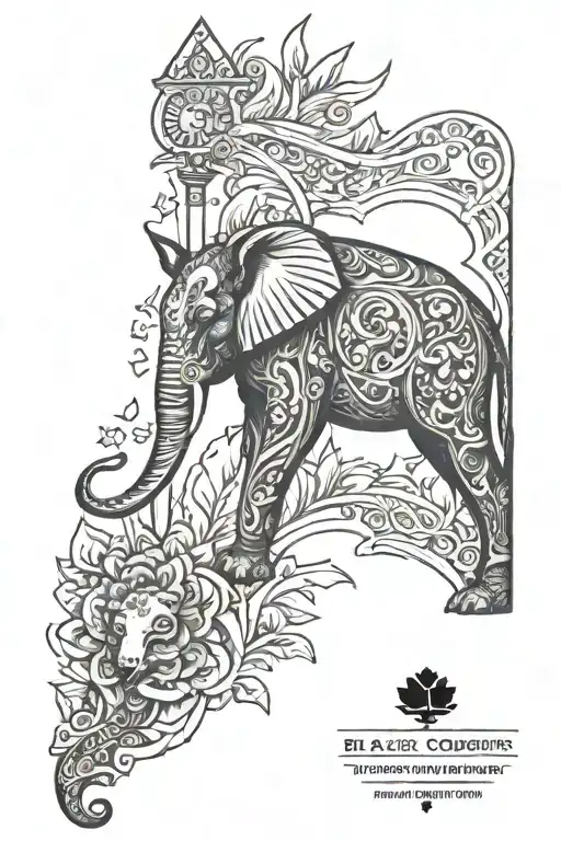 leg sleeve featuring an elephant, German shepherd, cardinal, the black swordsman, and a Holstein cow. tattoo design idea