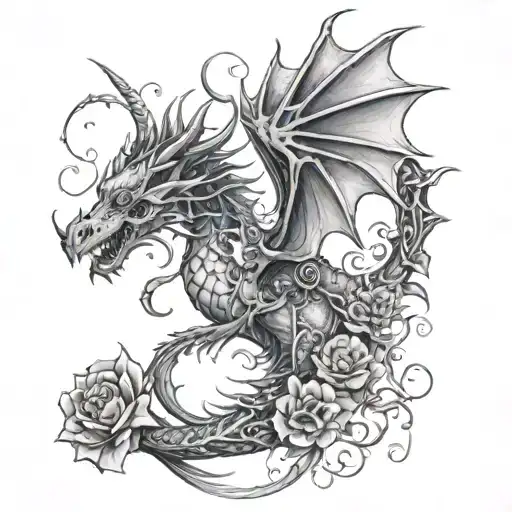 I want a dragon with its wings open,  wrapped around a sharp sword that is covered with vines and hase a rose in middle tattoo design idea