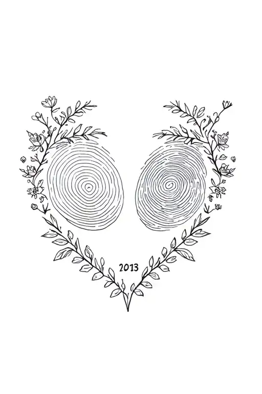 two thumbprints in the shape of a heart and a birthdate underneath with some floral design around it  tattoo design idea