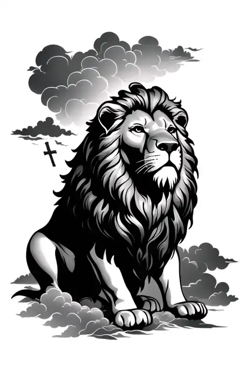 LIon with clouds and a cross iwith a verse written tattoo design idea