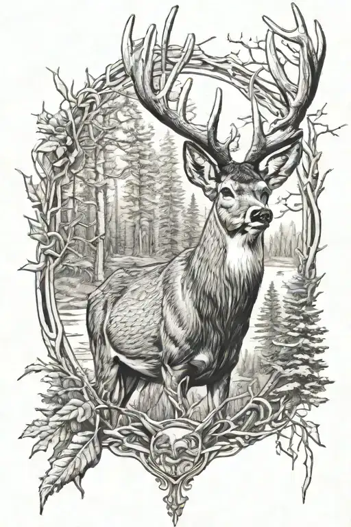 bowhunting Whitetail deer with a forest tattoo design idea