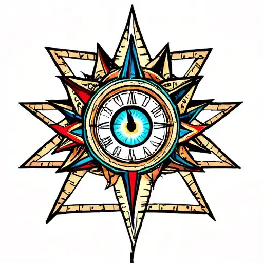 mandala around a triangle compass on the outside of the all seeing eye with a clock in the center tattoo design idea