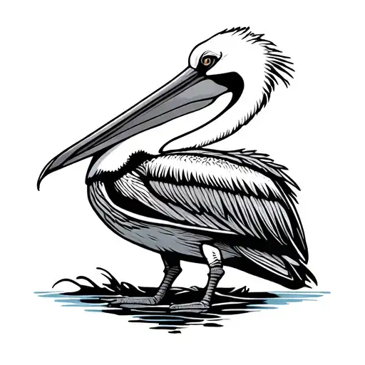 Pelican standing on a fly reel tattoo design idea