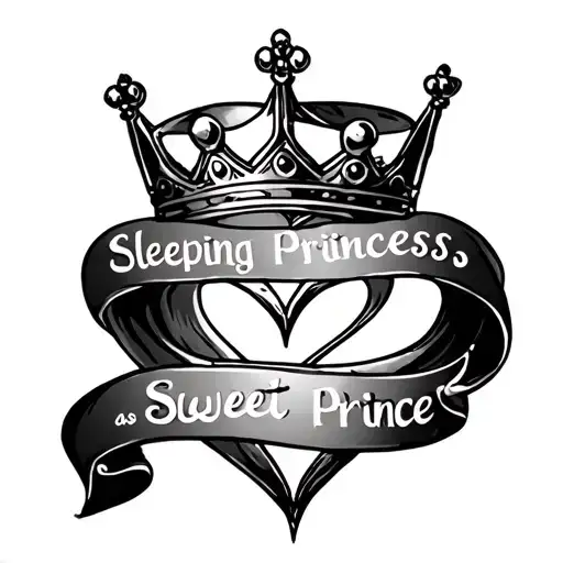 Crown with the words sleeping princess and sweet prince looped around the crown in a heart shape tattoo design idea