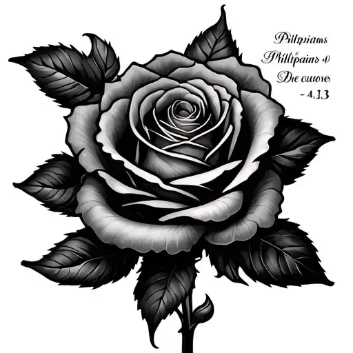 black and grey rose with vines wraping around the verse Philippians 4:13 tattoo design idea