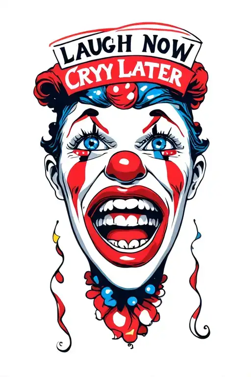 Laugh Now Cry Later clowns one happy one crying eye tattoo design idea