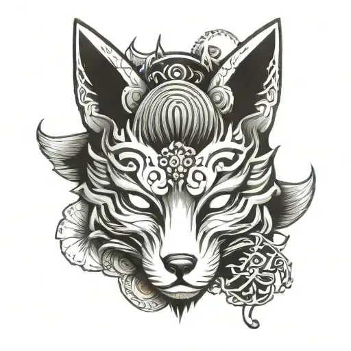 japanese fox mask and lucky charm with the name "サフ" on the forearm tattoo design idea