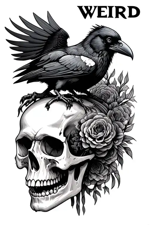 "WEIRD" anatomical skull with a raven on top tattoo design idea