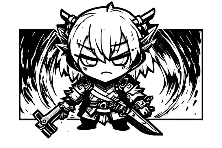 A small chibi-style shadow warrior inspired by Igris from Solo Leveling, drawn in black ink.  tattoo design idea