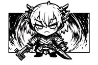 A small chibi-style shadow warrior inspired by Igris from Solo Leveling, drawn in black ink.  tattoo design idea