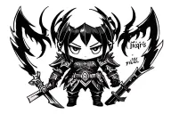 A small chibi-style shadow warrior inspired by Igris from Solo Leveling, drawn in black ink.  tattoo design idea