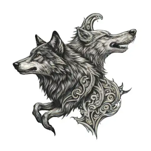 two wolves looking at each other. standing opposite and looking at each other tattoo design idea