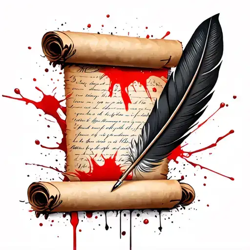 scroll of paper and feather quill pen writing tattoo design idea