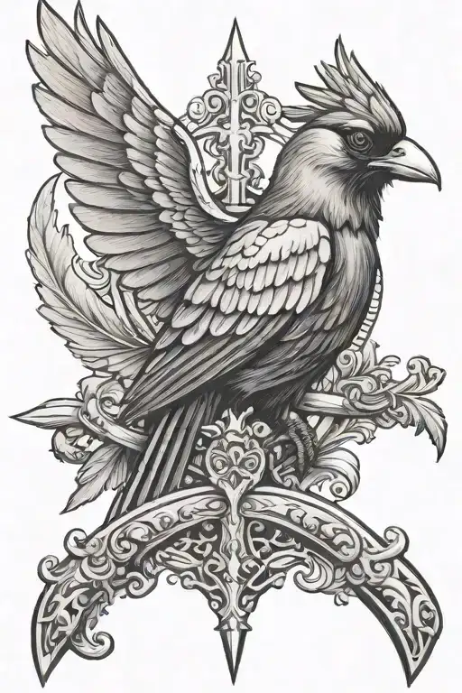 a Roman sword where the hilt and guard are intricately crafted to resemble a magpie. a magpie head as the pommel tattoo design idea