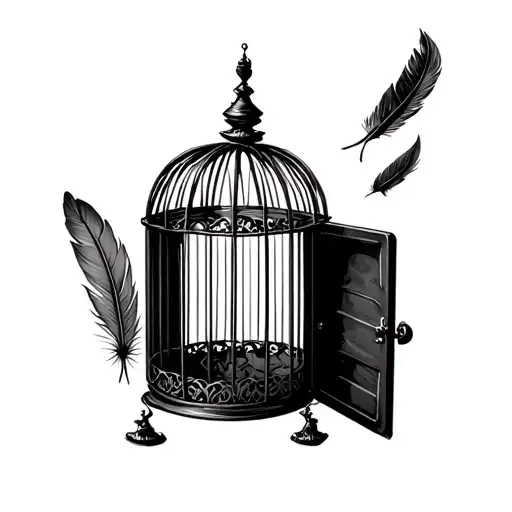 open birdcage that is empty and has a feather flying down inside. the door of the cage is open tattoo design idea