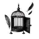 open birdcage that is empty and has a feather flying down inside. the door of the cage is open tattoo design idea