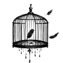 open birdcage that is empty and has a feather flying down inside. the door of the cage is open tattoo design idea