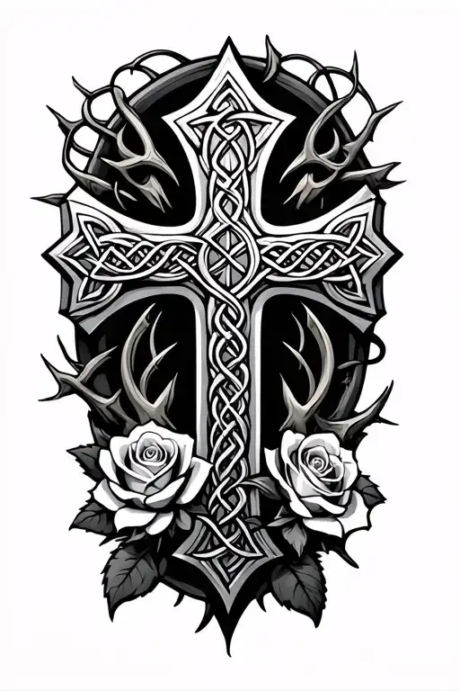 Celtic Irish cross with rose and thorns surrounded tattoo design idea