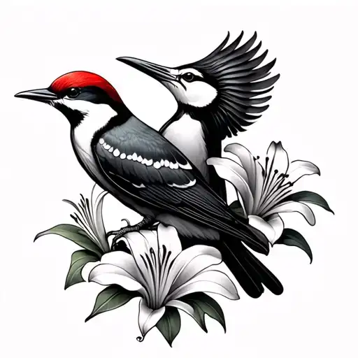 lilies, woodpecker tattoo design idea
