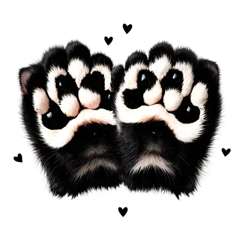 two cat paw prints with little black hearts around them tattoo design idea