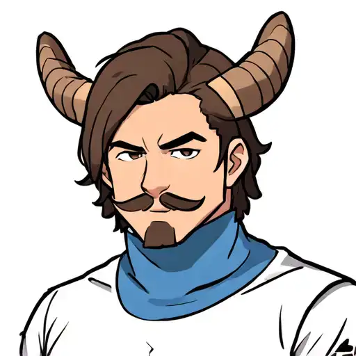 brown haired man with muttin chops and mustache. blue turtle neck with ram horns no goatee and a little chubby tattoo design idea