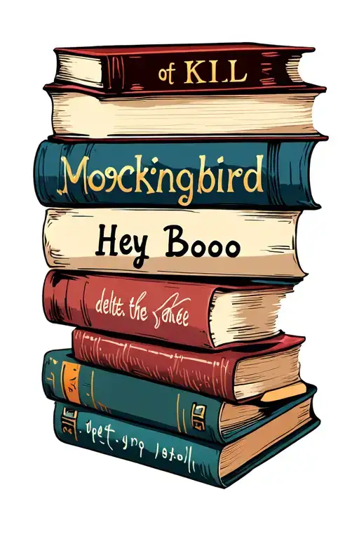 A stack of 4  books  inspired by 'To Kill a Mockingbird' include the words Hey Boo, delete the adjectives tattoo design idea