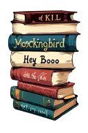 A stack of 4  books  inspired by 'To Kill a Mockingbird' include the words Hey Boo, delete the adjectives tattoo design idea
