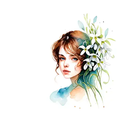 woman with brown hair and eyes and open snowdrop flower on the head tattoo design idea
