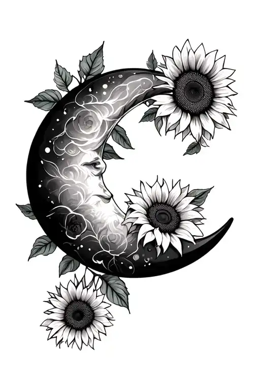 pause button on crescent moon with sunflowers  tattoo design idea