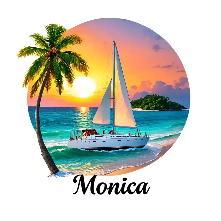 "Monica" "Monica" white catamaran sailing, sunrise, small island palm, ocean, beach tattoo design idea