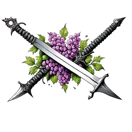 Draw a sketch for a Tattoo on the theme "Witcher" with two swords that lilac and gooseberries intertwine, it is also worth adding tattoo design idea