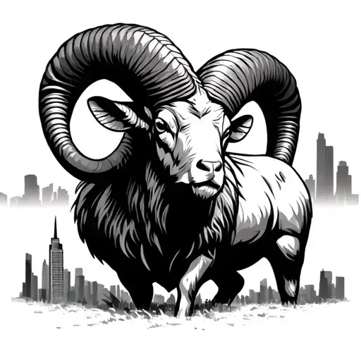 bold Aries ram as the centerpiece, with horns stylized into the shape of the Dallas skyline (featuring iconic buildings  tattoo design idea