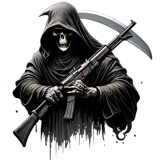  realistic Grim reaper with a scythe but an ak47 as the handle for the scythe  tattoo design idea