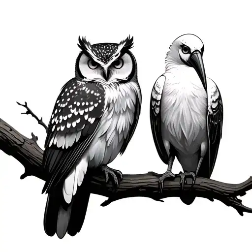 Owl and Ibis on opposite sides of a branch tattoo design idea