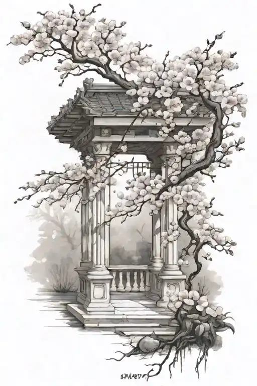 pergola and cherry blossom tree tattoo design idea