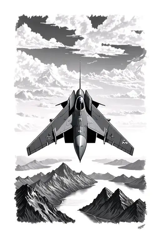 fighter jet flying over mountains and lake tattoo design idea
