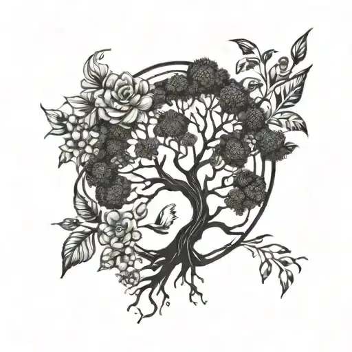 Family tattoo design combining elements of a tree and flowers, keep it simple and consice tattoo design idea